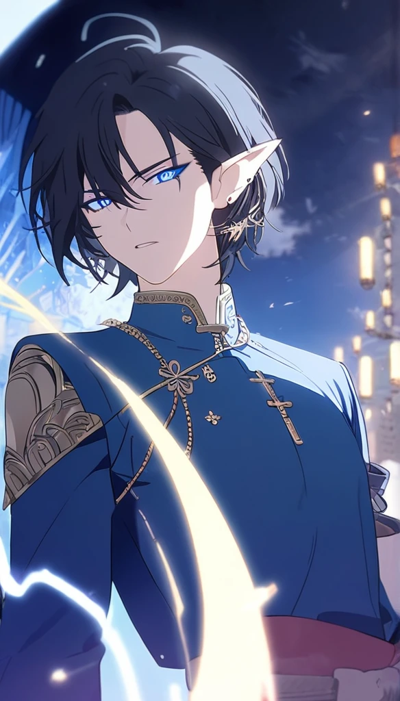 1man, elven ears, electric god, blue black hair, short hairstyle, glowing blue eyes, blue electric spark, thai priest, elegant thai clothes,