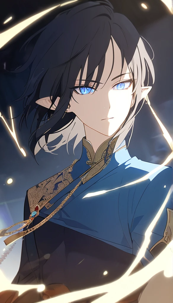 1man, elven ears, electric god, blue black hair, short hairstyle, glowing blue eyes, blue electric spark, thai priest, elegant thai clothes,