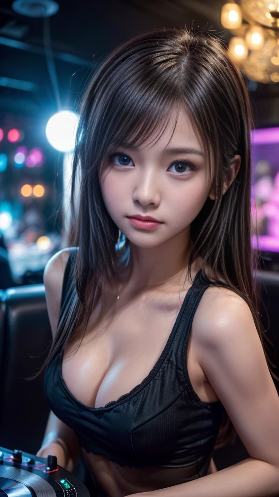 (DJ girl at a nightclub), (beautiful girl, :1.3, Cute face), Perfect Style, ((Detailed eyes and face, Professional photography techniques, Cinema Lighting)), Detailed hands, (Highest quality, 8K, masterpiece:1.2, RAW Photos), (Reality:1.4), View the viewer