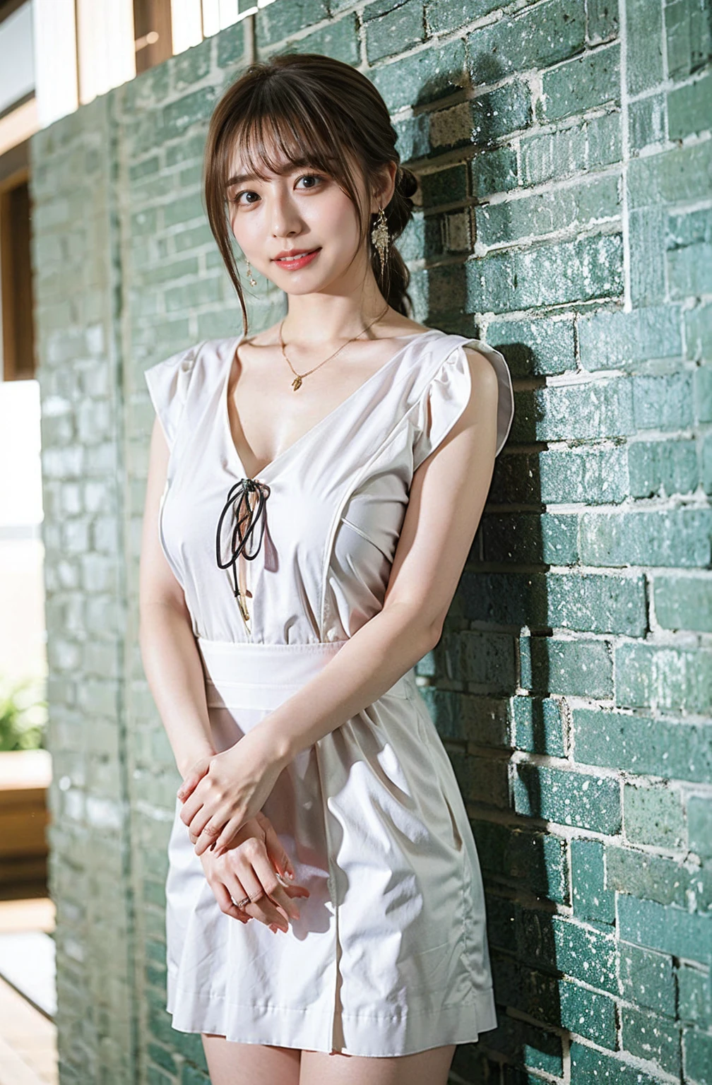 ((Cream hair color、砂浜でsmileで撮影:1.4))、Sleeveless、Outdoor shots、Cute clothes、Tie your hair、Cream hair color、Leather Belt、Her huge breasts are obvious even through her clothes..、Small earrings、Light brown hair color、Tie your hair:1.4))、Shiny Hair、Light beige hair color、Background Blur、Braid only the front hair、Light brown hair、{{Cowgirl Shot}}、((Close-up shot from the waist up、Big Breasts:1.4))、Big Breasts、にっこりsmile、Silk clothing、服からでも分かるBig Breasts、Braid only the front hair、Cowboy Shot、A gorgeous white collared silk shirt and a brown skirt、Elegant attire、Luxury Bags、素敵なsmile、((Revealing clothing))、Full body photo、ring、Short skirt、Tuck your hair behind one ear、Silver Necklace、smile、 Elegant ponytail、Caustics、Highly detailed photos、Very beautiful and ideal short hair、Big Breasts、Super no makeup、(8K、RAW Photos、Highest quality、masterpiece:1.2)、(Realistic、Realistic)、1 Girl、((Big Breastsショートヘア、Looking into the camera:1.4))、Hair blowing in the wind