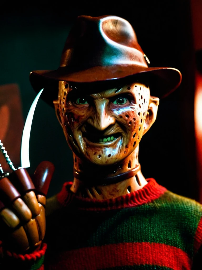 Freddy Krueger in a toys room, dark background, horror lighting, creepy, dirty fornitures, close-up, smiling, cinematic, film still,  brown knife glove