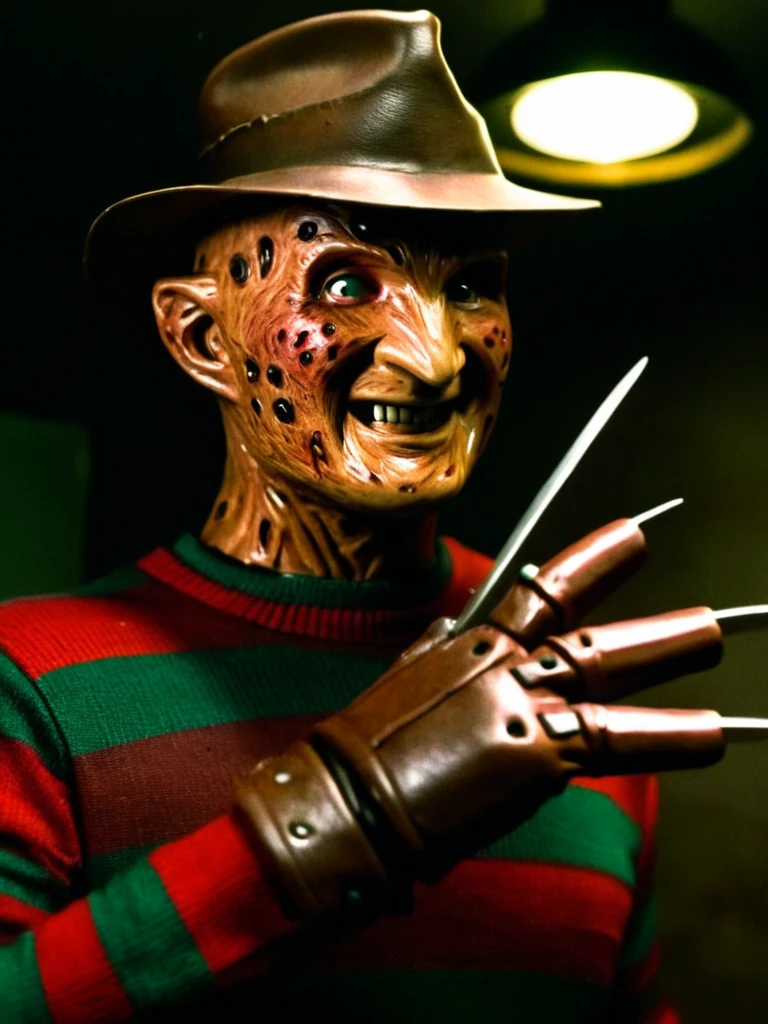 Freddy Krueger in a toys room, dark background, horror lighting, creepy, dirty fornitures, close-up, smiling, cinematic, film still,  brown knife glove