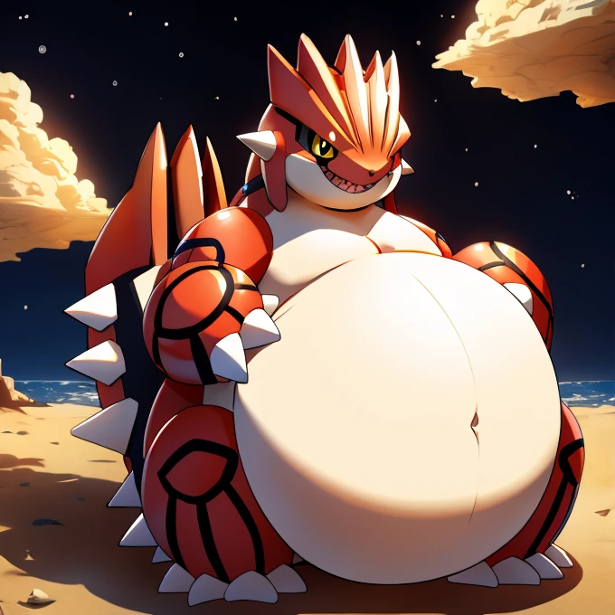 Pokemon Groudon, obese, round, enormous belly, shaped like a ball, eating planets.