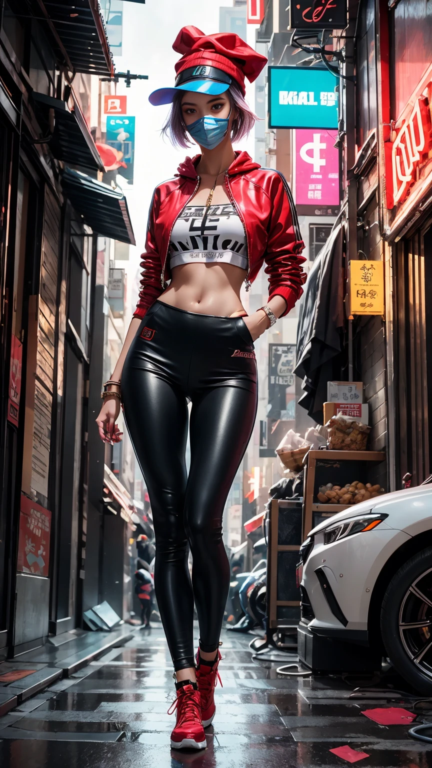 plano general, whole body, ((1 beautiful young woman, elegant, sensual:1.6)), (high resolution:1.2),ultra detailed, realist, sharp focus,showy,4k,8k, HD. Masterpiece, hiper realist, hyper detailed,With red hat, red camouflage, red sweatshirt, blue leggings, broad, by white:1.5, modern haircut:1.4, face mask, nasolabial , standing, half, (reality: 1.5), cyberpunk, Neon city, Neon, 3D, cgi, volumetric ray, white sclera, blue eyes,