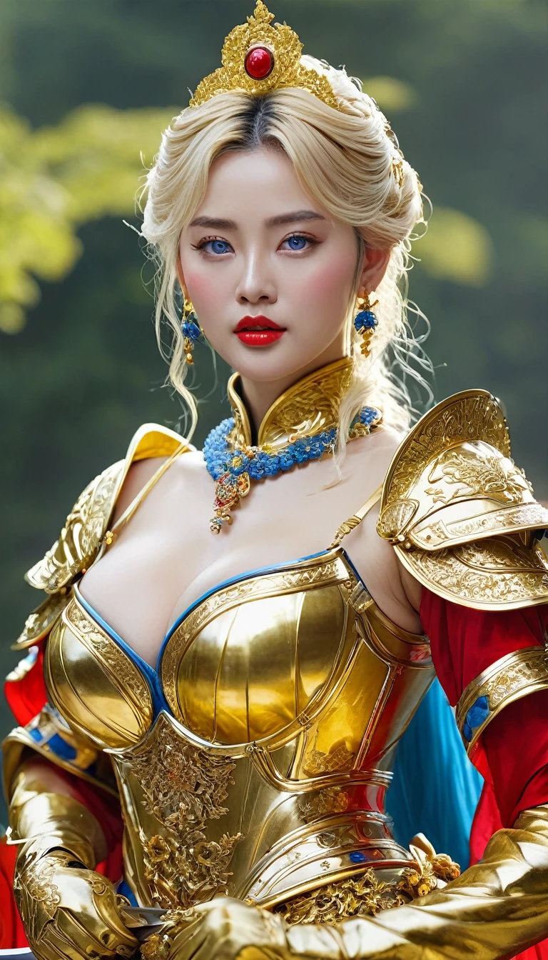 masterpiece,Highest quality,wonderful,(womanの騎士_woman:1),(Golden Armor:1.3), (35歳のwoman戦士:1.3),、(((Big and ample breasts))),,,,Hyper Real,中世ヨーロッパの都市のbattlefieldにいる,Expressionless,、イギリス人woman、Delicate skin texture to the smallest detail 、(Detailed blue eyes)、(Chubby body type))、(Very large breasts)、中年woman、(ふわふわblondeの長い髪)、Sunburned skin、(blonde)、woman騎士、(((Big cleavage)))、Richly decorated gold armor、中世のwoman騎士、Golden long boots with flashy decorations、Pure gold and jewellery necklaces and collars、Big gold earrings、Bright red lips、Dressed in luxurious gold armor、Gold Long Gloves、He has a big long sword、The sword is ornately decorated..........................、The blade is pitch black、(woman騎士)、(battlefield)、