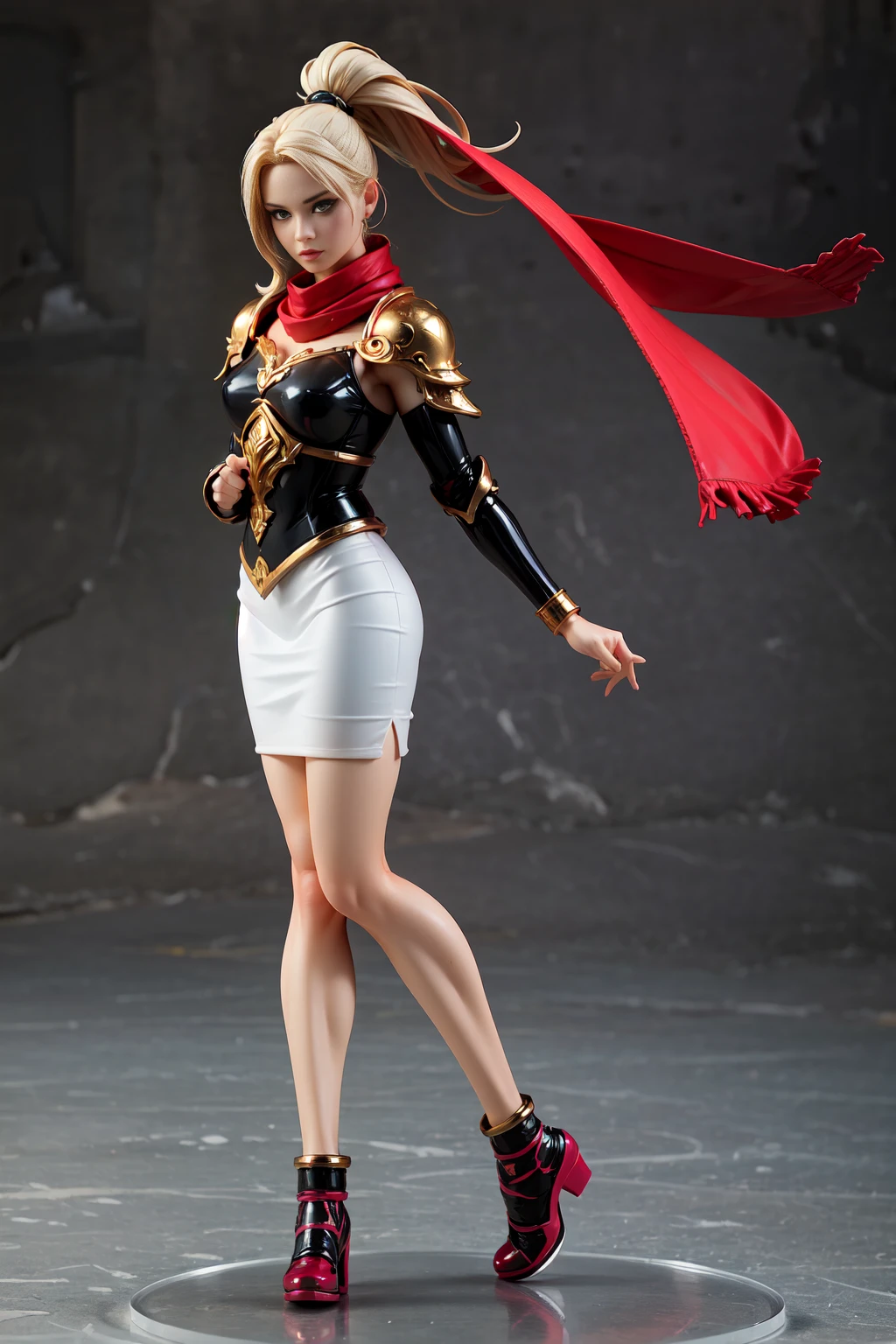 (((full body photo))), full body shot, colorful and aesthetic, masterpiece, best quality, dynamic angle, ultra high res, highly detailed skin, intricate details, 30 year old woman in ornate ranger armor, looking thoughtful, Anita Briem, athletic body, large blue eyes, voluminous blonde hair,(long ponytail:1.1), red and gold accents, red scarf, large shoulder pads, (detailed:1.05), (extremely detailed:1.06), sharp focus, (intricate:1.03), (extremely intricate:1.04), (beautiful face:1.1), [perfect eyes:0.8], [perfect skin:0.8], [detailed face:0.8], [detailed eyes:0.8], [detailed hair:0.9], [detailed lips:0.8], ray trace, cinematic lighting, depth of field, 