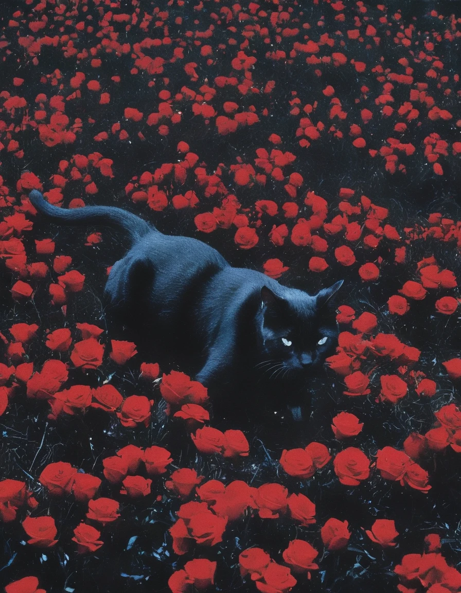 film photography, vintage, long view of red roses field with black cats , blue dark forest night background