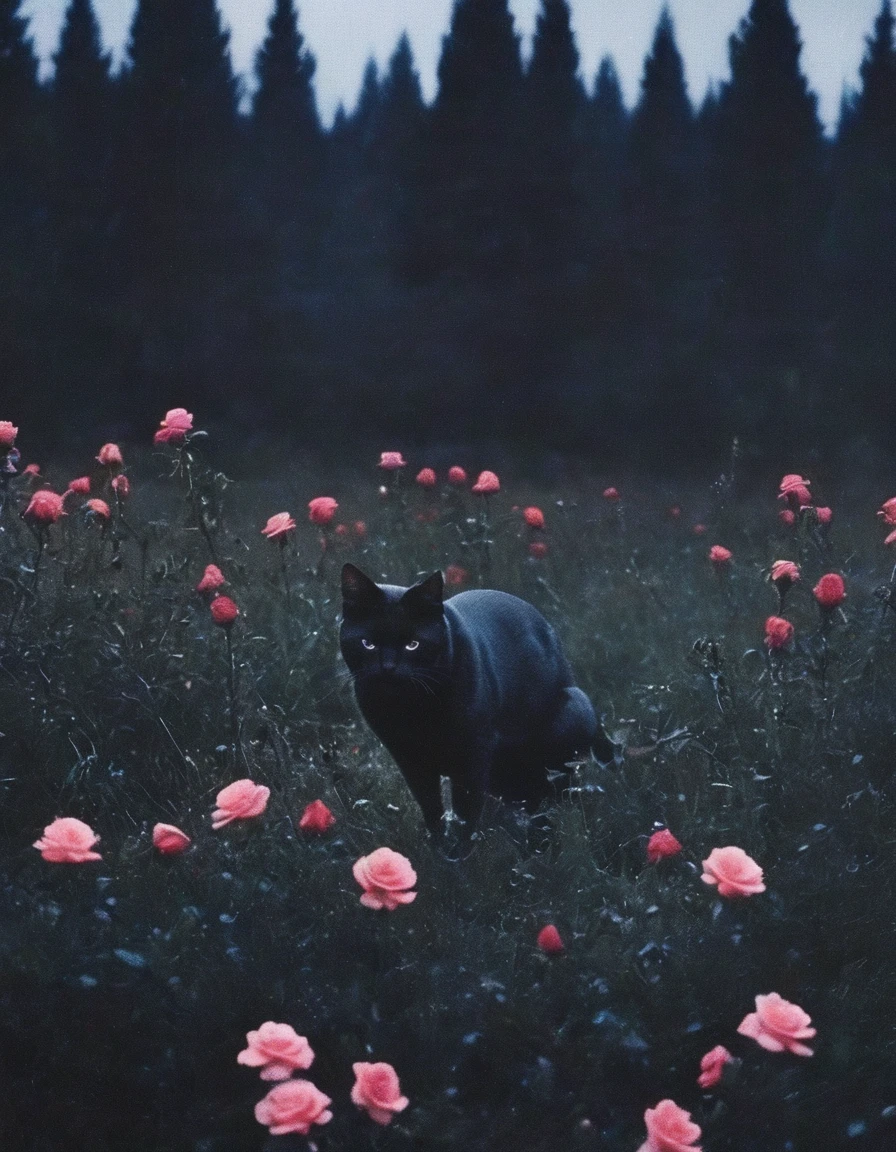 film photography, vintage, long view  of black cat in field of roses, blue dark forest night background