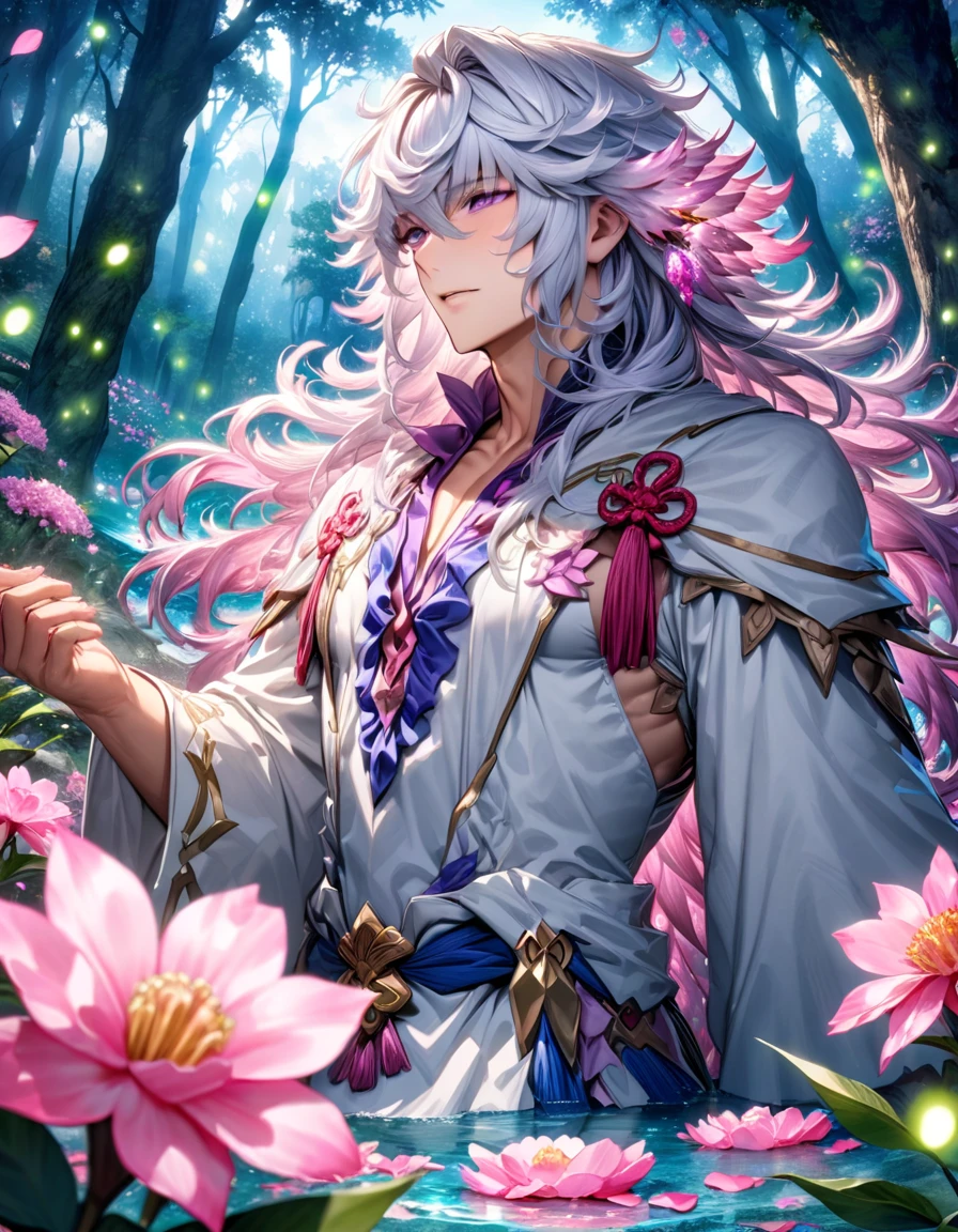 absurdres, highres, ultra detailed, HDR, master piece, Merlin, white long hair, expressive purple eyes, white tunic, Fate Grand Order, sexy man, handsome, best quality, blossoms, pink petals, pink flowers, water, fantasy, magical, blue shining fireflies, solo, forest,
