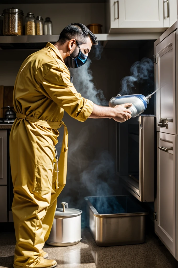 A person in a gas suit fumigating a kitchen