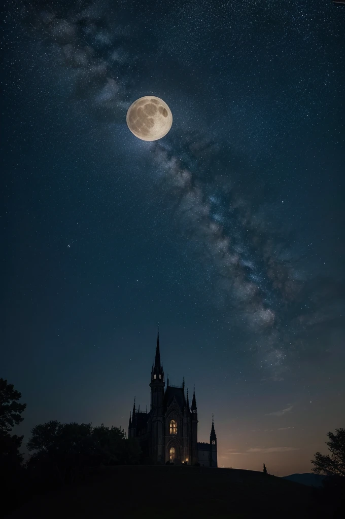 starry night sky with few clouds and a big beautiful moon, Gothic art, depth of field, overexposure, high detail, Social realism, Realism, En plein air, UHD