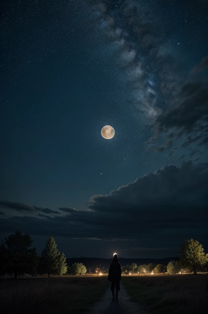 starry night sky with few clouds and a big beautiful moon, Gothic art, depth of field, overexposure, high detail, Social realism, Realism, En plein air, UHD