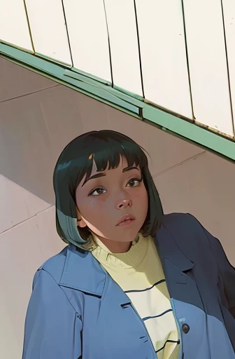 there is a woman that is standing in a room with a cell phone, lofi portrait, lofi portrait at a window, animation still, animation still screencap, animated film still, animation film still, character portrait of me, animated still, rotoscoped, syd mead 3/4 closeup portrait, inspired by Taiyō Matsumoto