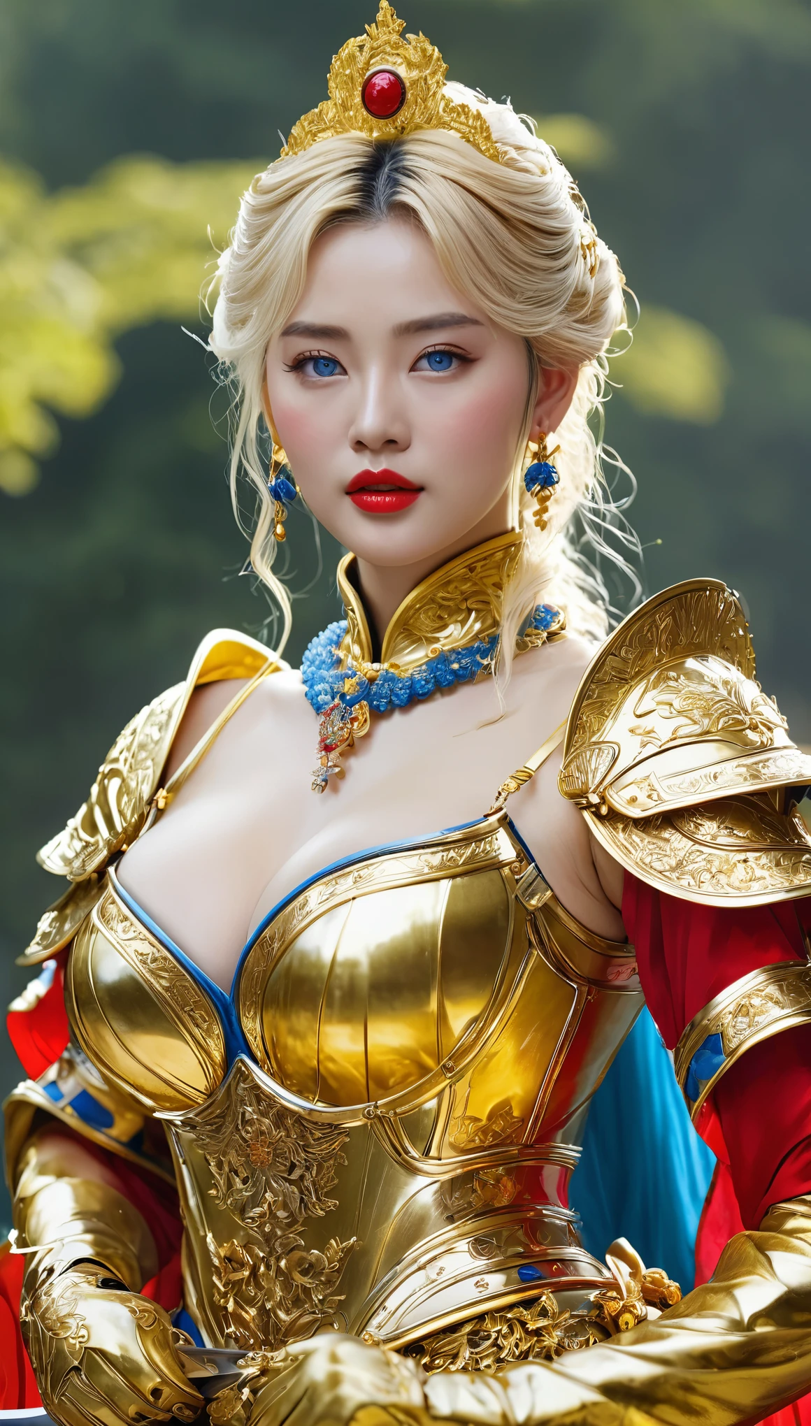 masterpiece,Highest quality,wonderful,(womanの騎士_woman:1),(Golden Armor:1.3), (35歳のwoman戦士:1.3),、(((Big and ample breasts))),,,,Hyper Real,中世ヨーロッパの都市のbattlefieldにいる,Expressionless,、イギリス人woman、Delicate skin texture to the smallest detail 、(Detailed blue eyes)、(Chubby body type))、(Very large breasts)、中年woman、(ふわふわblondeの長い髪)、Sunburned skin、(blonde)、woman騎士、(((Big cleavage)))、Richly decorated gold armor、中世のwoman騎士、Golden long boots with flashy decorations、Pure gold and jewellery necklaces and collars、Big gold earrings、Bright red lips、Dressed in luxurious gold armor、Gold Long Gloves、He has a big long sword、The sword is ornately decorated..........................、The blade is pitch black、(woman騎士)、(battlefield)、