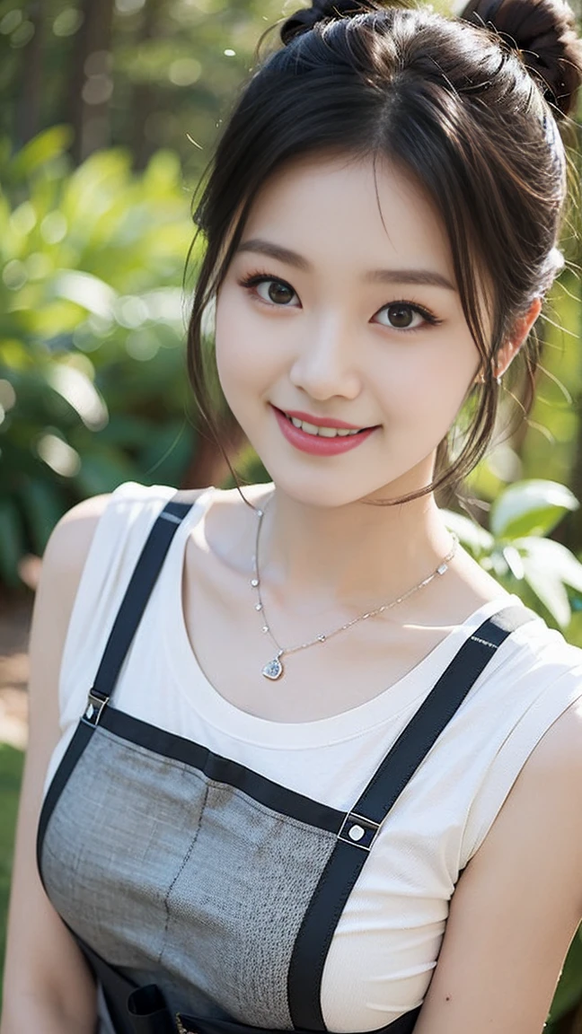 Close-up of beautiful Korean woman, 36 inch chest size, Smile, (((Sleeveless suspender painted T-shirt:1.1))), Short sleeve, , necklace,(A girl in the forest),