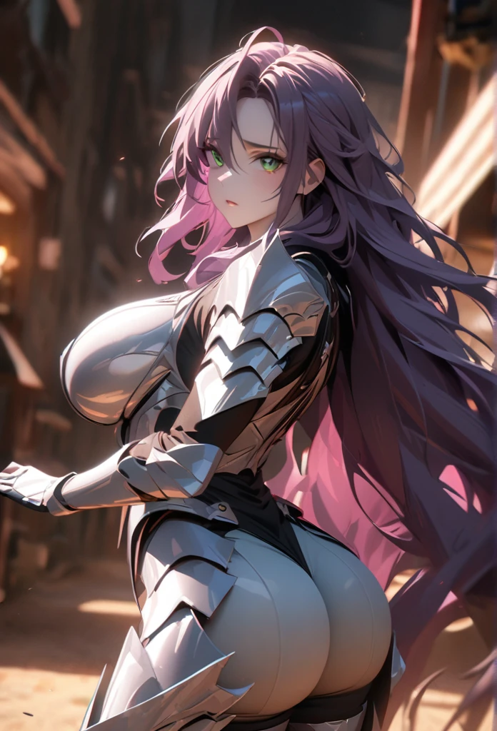 (solo), purple hair, messy hair, mane hair, extra long hair, dense hair, wild hair, expressive hair, mature,(25 year old), pale skin, green eyes, ((man)), wearing a silver armor, armored arms, armored legs, claws,, huge breast, big ass, beautiful, attractive, eye reflection, depth of field, thunder aura,cinematic lighting, ray tracing, depth of field, cinematic lighting, ray tracing, UHD, high details, best quality, highres, high quality, award winning, super detail, masterpiece, 8k, UHD, high details, best quality, highres, high quality, award winning, super detail, masterpiece, 8k, digital art, anime coloring, body shot, good face, perfect face, detailed face, good eyes