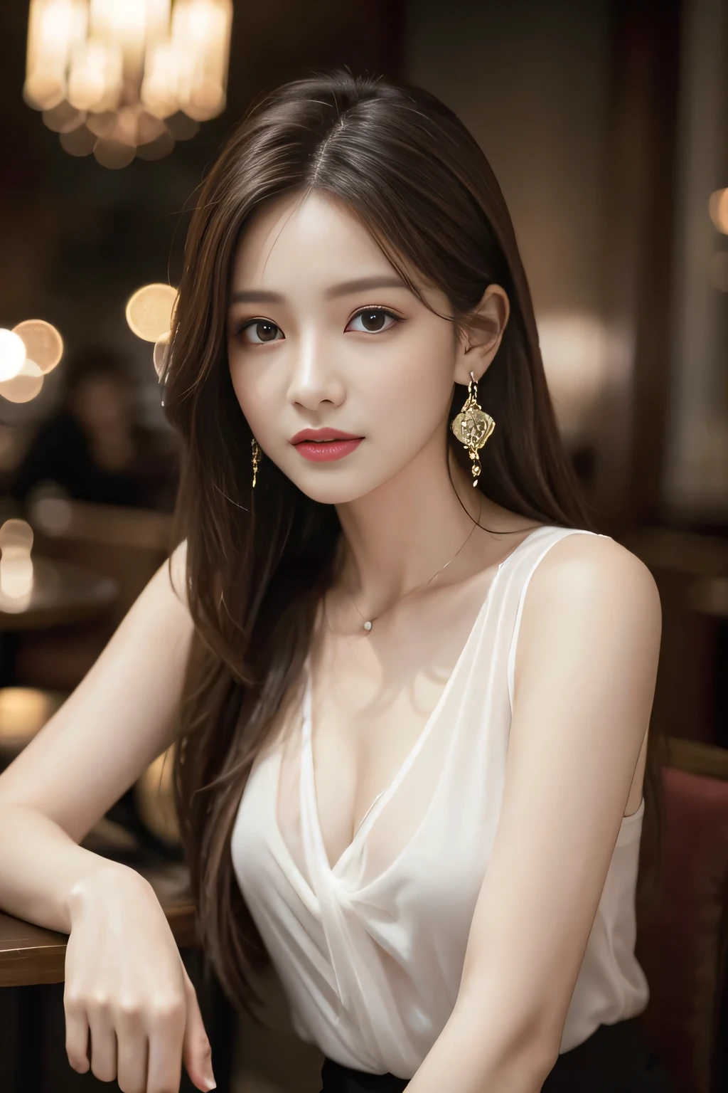 do, Highest quality, Realistic, Very detailed, Finer details, High resolution, 8k wallpaper, One beautiful woman, Wear an elegant white  shirt, In a great restaurant, At night, Light brown messy hair, Perfect dynamic composition, Beautiful and beautiful eyes、Big earrings、Sit on a chair、Sleeveless shirt、
