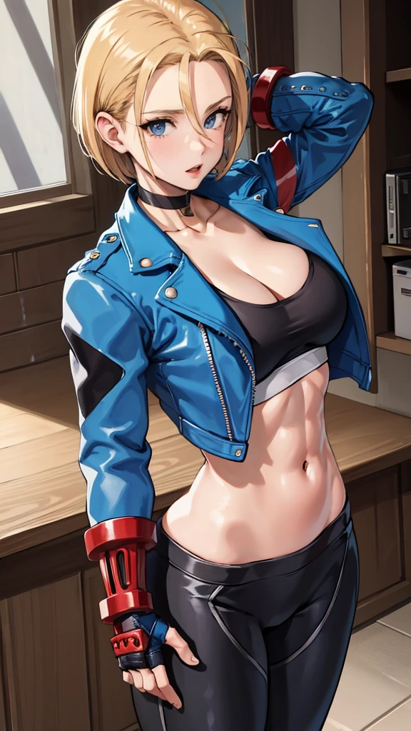 masterpiece, best quality, highres, 1girl, cammy white, short hair, antenna hair, blue eyes, scar on cheek, large breasts, black choker, collarbone, blue jacket, cropped jacket, open jacket, sports bra, midriff, fingerless gloves, black gloves, black pants, standing, indoors,toned,muscular abdomen,huge ass,wide hips,