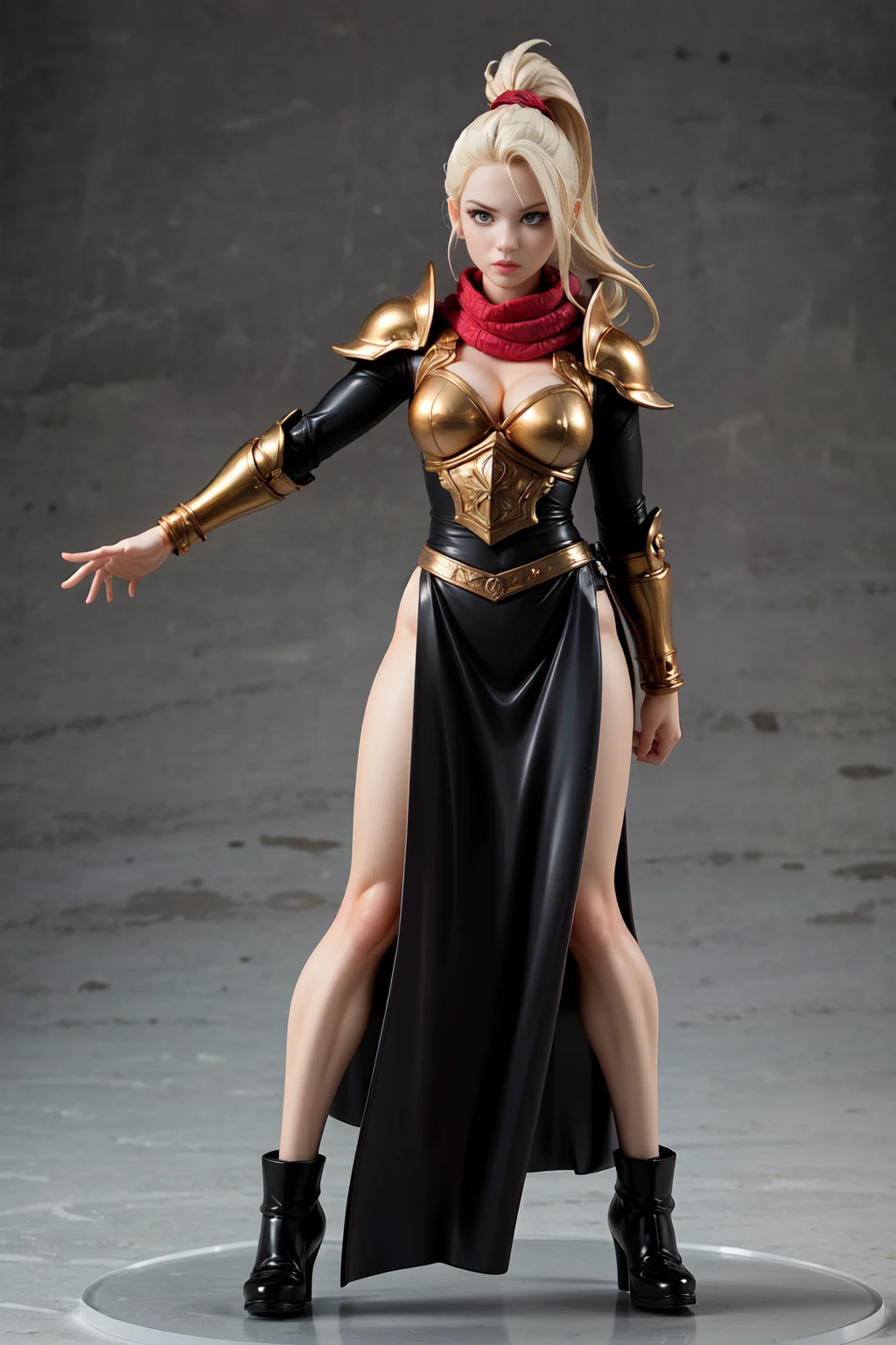 (((full body photo))), full body shot, colorful and aesthetic, masterpiece, best quality, dynamic angle, ultra high res, highly detailed skin, intricate details, 30 year old woman in ornate ranger armor, looking thoughtful, Anita Briem, athletic body, large blue eyes, voluminous blonde hair,(long ponytail:1.1), red and gold accents, red scarf, large shoulder pads, (detailed:1.05), (extremely detailed:1.06), sharp focus, (intricate:1.03), (extremely intricate:1.04), (beautiful face:1.1), [perfect eyes:0.8], [perfect skin:0.8], [detailed face:0.8], [detailed eyes:0.8], [detailed hair:0.9], [detailed lips:0.8], ray trace, cinematic lighting, depth of field, 