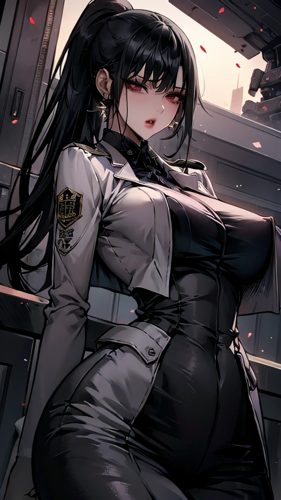 Lin Wei, a beautiful human-hybrid with striking black eyes and long black hair tied in a high ponytail, stands confidently. She looks directly at the camera with a determined and intelligent gaze. Her military uniform fits perfectly, highlighting her strong yet feminine physique. Her presence exudes strength, grace, and leadership. The background suggests a futuristic starship setting, adding to her commanding and powerful aura.