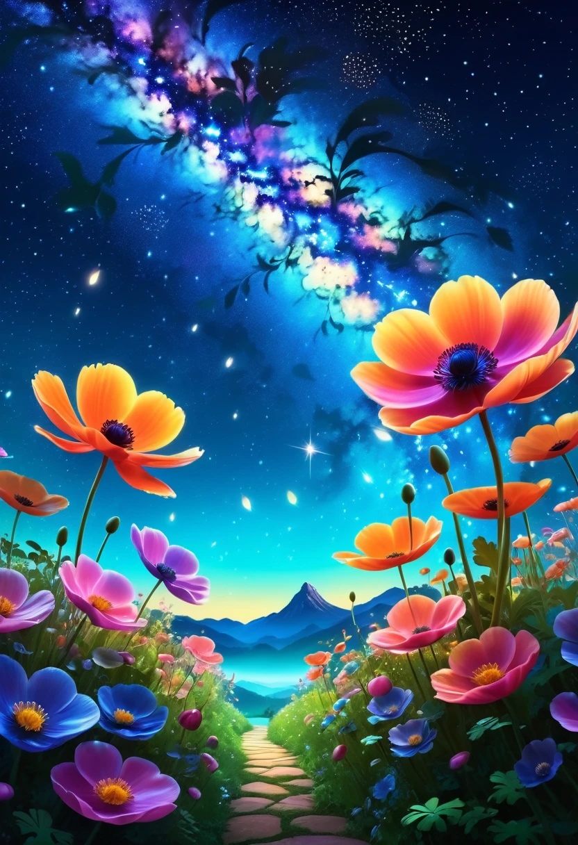 Ghibli style, best quality, high resolution, 8k is very beautiful, Charming Milky Way dazzling starry sky, choreographer, Vibrant Godrej realistic effect, Ultra-fine and brightly colored anemone petals, Glowing leaves , Psychedelic fairy tale garden，Inspired by playful fireflies，Swaying in the beautiful scene