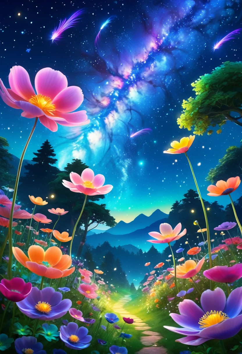 Ghibli style, best quality, high resolution, 8k is very beautiful, Charming Milky Way dazzling starry sky, choreographer, Vibrant Godrej realistic effect, Ultra-fine and brightly colored anemone petals, Glowing leaves , Psychedelic fairy tale garden,Inspired by playful fireflies,Swaying in the beautiful scene