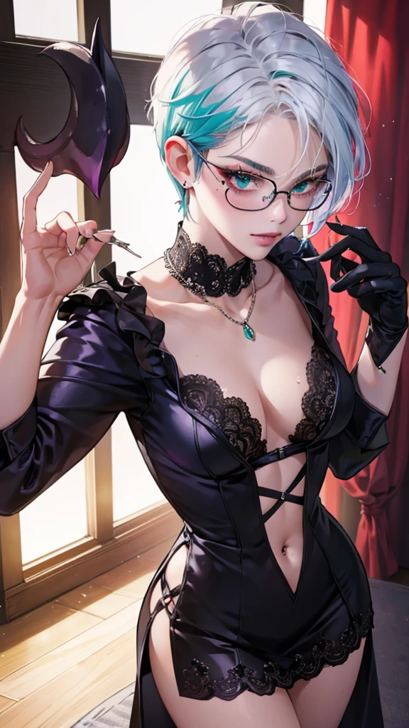 8k, masterpiece, best quality, highly detailed, 1 girl, tiefling, warlock, multicolored hair, very short straight hair green highlight hair on white hair, strippled hair, wearing glasses, round glasses, earrings, long dress with side cut, lace dress, red eyeshadow, long eyelashes,navel piercing, blushed cheek, necklace, collarbone, high heels, mole, glamorous, purple and teal clothing, villainy, smirk,  face, close up view, rings, looking at viewer, standing, demon horns, solo, hand touching cheek, school, black lace gloves, holding book, sensei, .