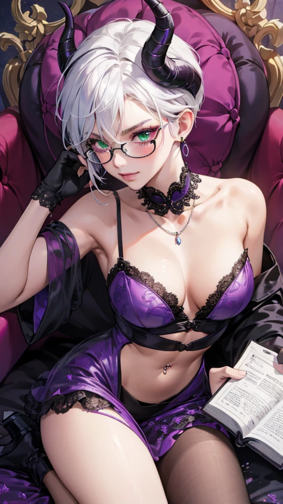 8k, masterpiece, best quality, highly detailed, 1 girl, tiefling, warlock, multicolored hair, very short straight hair green highlight hair on white hair, strippled hair, wearing glasses, round glasses, earrings, long dress with side cut, lace dress, red eyeshadow, long eyelashes,navel piercing, blushed cheek, necklace, collarbone, high heels, mole, glamorous, purple and teal clothing, villainy, smirk,  face, close up view, rings, looking at viewer, standing, demon horns, solo, hand touching cheek, school, black lace gloves, holding book, sensei, .