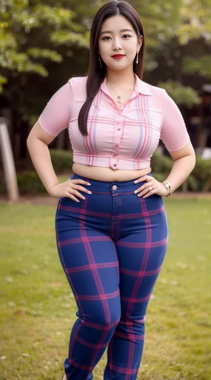 ((best quality)), ((masterpiece)), (detailed), perfect face, araffe woman in a long dark-blue shirt and blue denim skirt walking down a street, thicc, wavy short hair , she has a jiggly fat round belly, bbwchan, wearing tight simple clothes, skinny waist and thick hips, widest hips, her belly is fat and round, soft curvy shape, hyperrealistic full figure, wearing a cute top, wide hips, wearing 10 bracelet , wearing huge diamond necklace