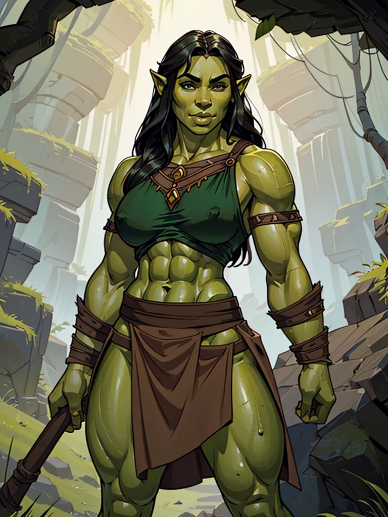 (((solo))), female-orc, tall, High quality, highly detailed, masterpiece, RAW photo, best quality, (small biceps), (cute feminine face), ((no abs belly), thin waist, (((green skin))), (thin hips), big nose, thick lip, black hair, ((loose hair)), long hair, (pleasure), very sweaty, cinematic lighting, lush illumination, (thin arms), (thin legs), big lips, small breasts, Barbarian, bracer, fur trim, ((pelvic curtain)), muted colors, (full body)