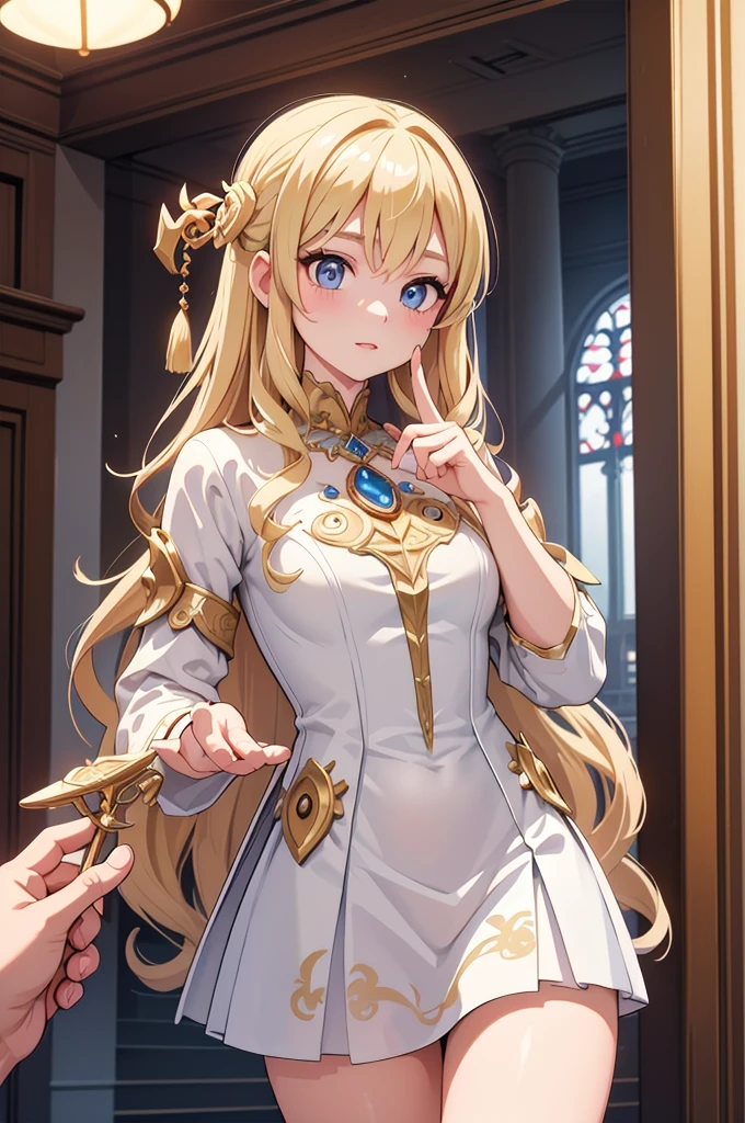 masterpiece、Highest quality、Ultra-detailed、Beautiful lighting、[[Thin fingers and hands:0.55]::0.85],(Finger details)、Blonde、White Dress、noble、palace