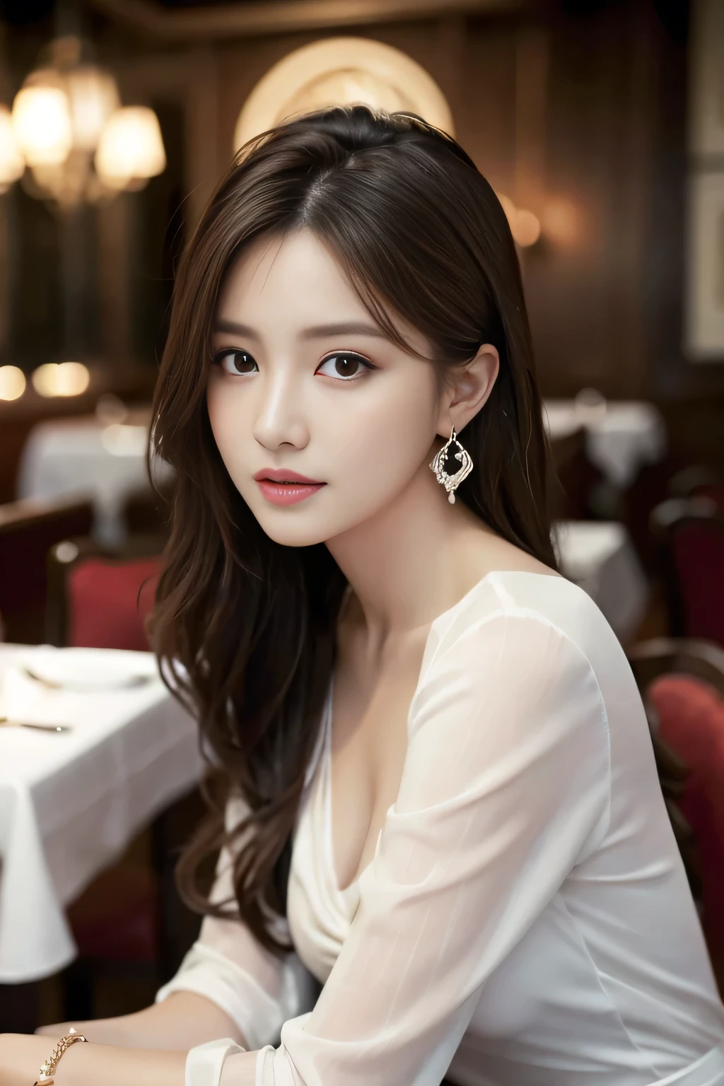 do, Highest quality, Realistic, Very detailed, Finer details, High resolution, 8k wallpaper, One beautiful woman, Wear an elegant white see-through shirt, In a great restaurant, At night, Light brown messy hair, Perfect dynamic composition, Beautiful and beautiful eyes、Big earrings、Sit on a chair、