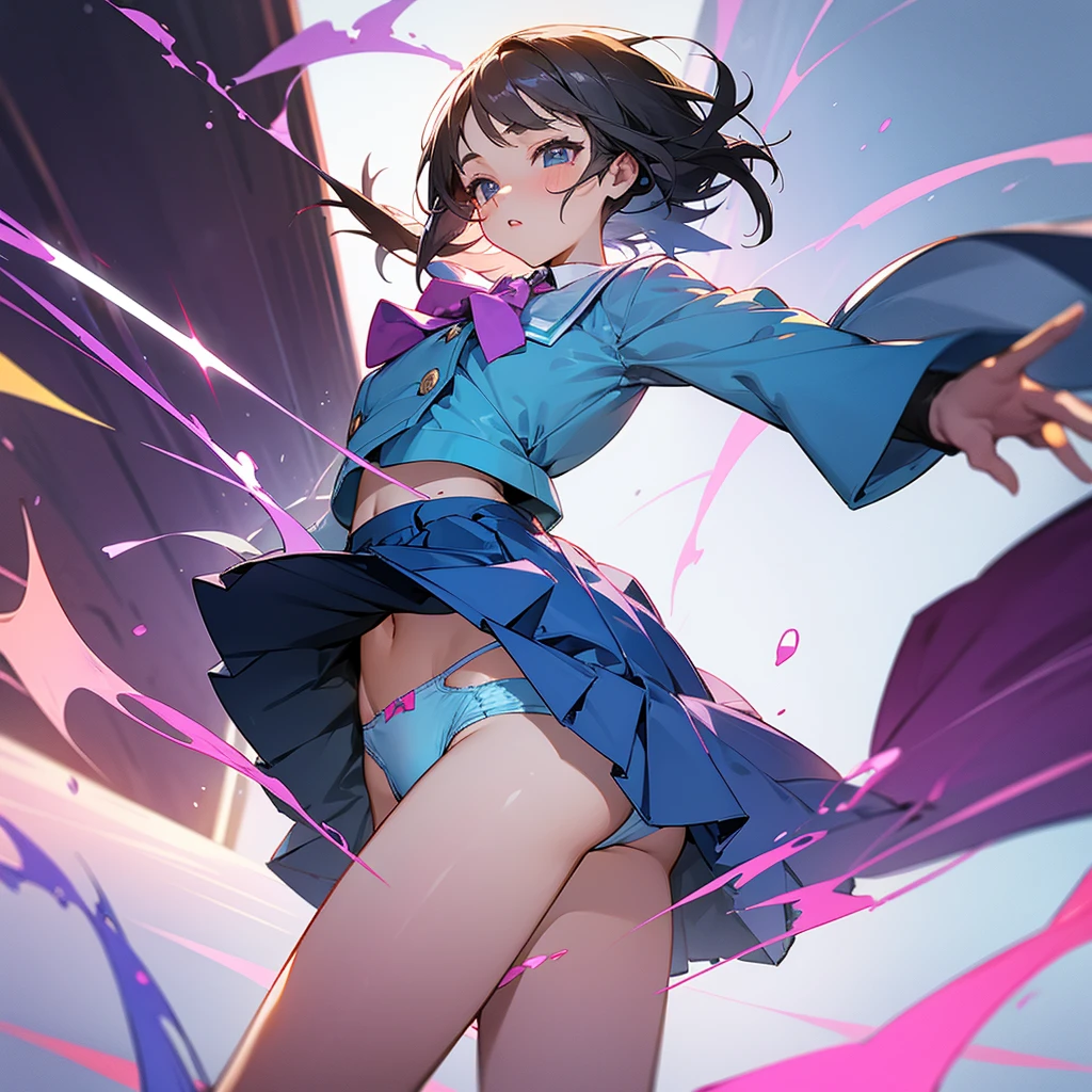 Elementary school girl,uniform,mini skirt,Her light blue panties are visible from under her skirt.,I put a vibrator in my pants and feel it,