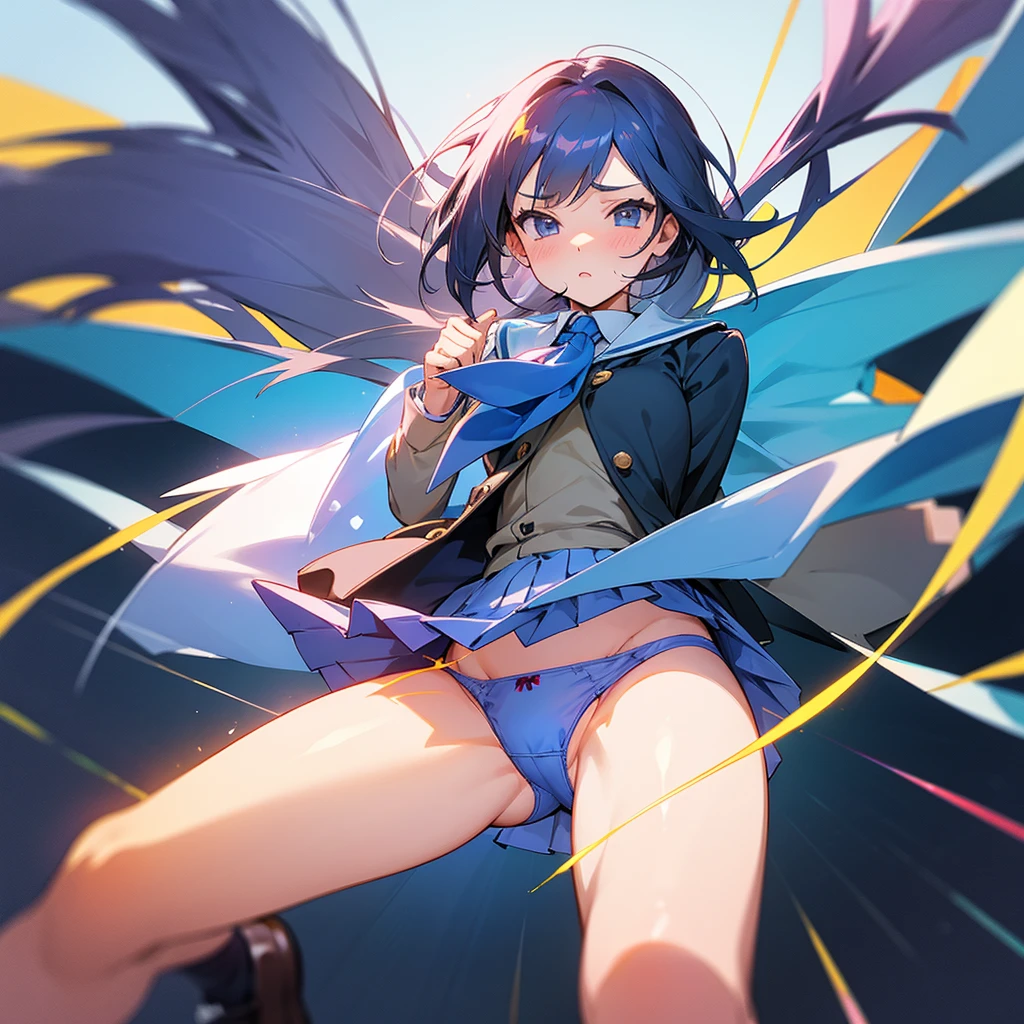 Elementary school girl,uniform,mini skirt,Her light blue panties are visible from under her skirt.,I put a vibrator in my pants and feel it,