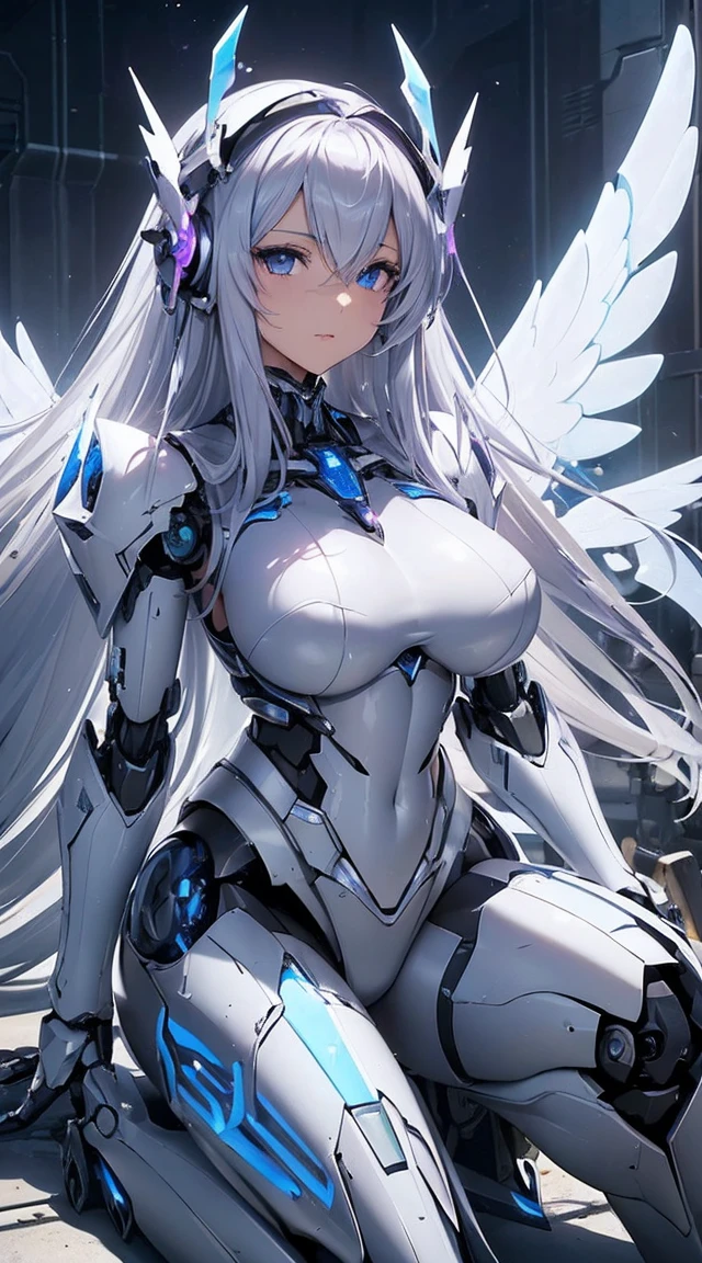 (Sit with one knee on the machine:1.6)、(Full body description:1.3)、((Shining lenses on both breasts:1.3))、((Blue pillars of light are emanating from both chests.:1.3))、smile、((8K)), ((32k)), ((Highest quality)), ((masterpiece)), ((超A high resolution)), ((Tmasterpiece)), ((Halation:1.4))、((Mechaニカルheadgear:1.2))、((Cyber headphones:1.3))、Fine skin, High quality fabric, Fine metal texture、((Beautiful and dense face))、RAW Photos、Professional, Ultra-fine painting, ((alone)), Beautiful breasts、Highest quality, Very detailed, Very detailed詳細, Finer details, so beautiful, ((Princess Knight Robot:1.2)),  (Joints of machines, Mechanical Limbs:1.3), (The internal structure of the machine is exposed:1.3), (Long silver hair:1.1), (Beautiful and huge mechanical breasts)、White Veil, cowboy_shot, Side Focus, headgear, Shiny、(Five Fingers, Four fingers and thumb),Concept Art, Anime fantasy artwork, Detailed fantasy art, (with pale blue-violet hair and large white wings,,,,,,,), (((Long silver hair))), (Mecha:1.6)、Sleek and intimidating design, ((Commander-in-Chief&#39;arm)), (Perfect robot body)、純白と青紫armまたは, Symmetrical wings, 8K high quality, detailed art, 3D rendering of character art in 8K, neat legs, Defined, Defined fingers,