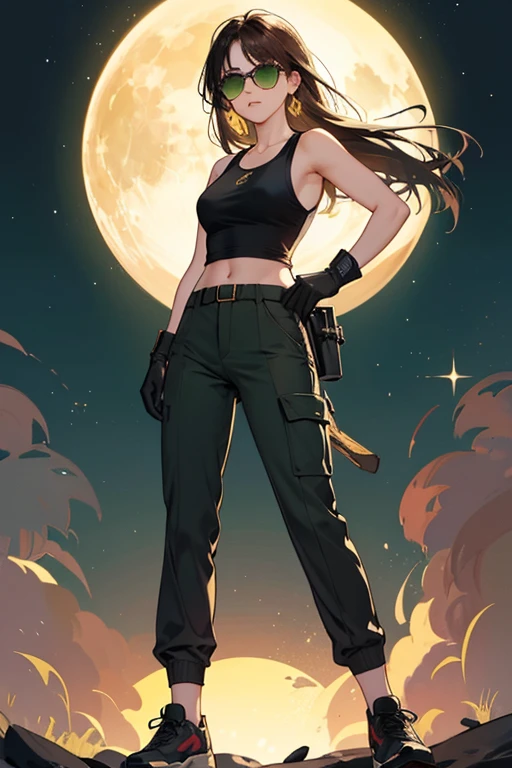 she has a black/dark-brown long side fringe hair and golden eyes. sHe wears a short-sleeved khaki Indonesian police uniform with a Moon Orchid in her left pocket, dark brown pants, and white gloves.

she is also seen to wear sunglasses, black tank top, green knee-length pants, and shoes. SPARKLE; GLITTER