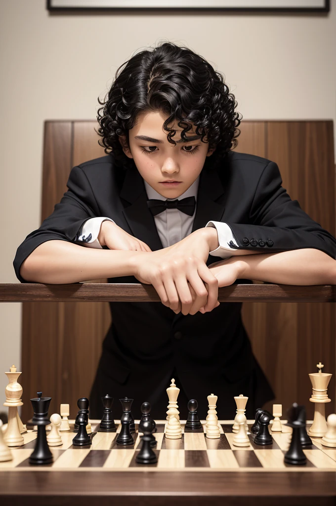 Create an image of a 14 year old boy playing chess, with black curly hair, offwhite, with suit, on a wooden board, in front of the photo camera