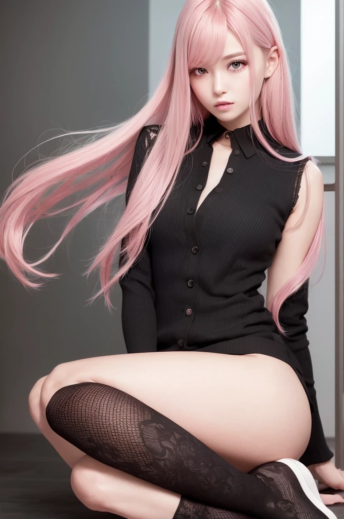 (RAW photo, best quality), (realistic, photo-realistic:1.3), masterpiece, an extremely delicate and beautiful, extremely detailed, CG, unity , 2k wallpaper, Amazing, finely detail, light smile, extremely detailed CG unity 8k wallpaper, huge filesize, ultra-detailed, highres, absurdres, soft light, (((medium hair:1.3), short bang, pink hair, floating hair novafrogstyle)), beautiful detailed girl, detailed fingers, extremely detailed eyes and face, beautiful detailed nose, beautiful detailed eyes, long eyelashes, light on face, looking at viewer, (closed mouth:1.2), 1girl, cute, young, mature face, (full body:1.3), ((small ???????)), realistic face, realistic body, beautiful detailed thigh, (ulzzang-6500-v1.1:0.8), business suit, cross-laced clothes, collared shirt, ????????????, in office, detailed office, open cardigan, black thighhighs, miniskirt, black ?????????, unbuttoned shirt,