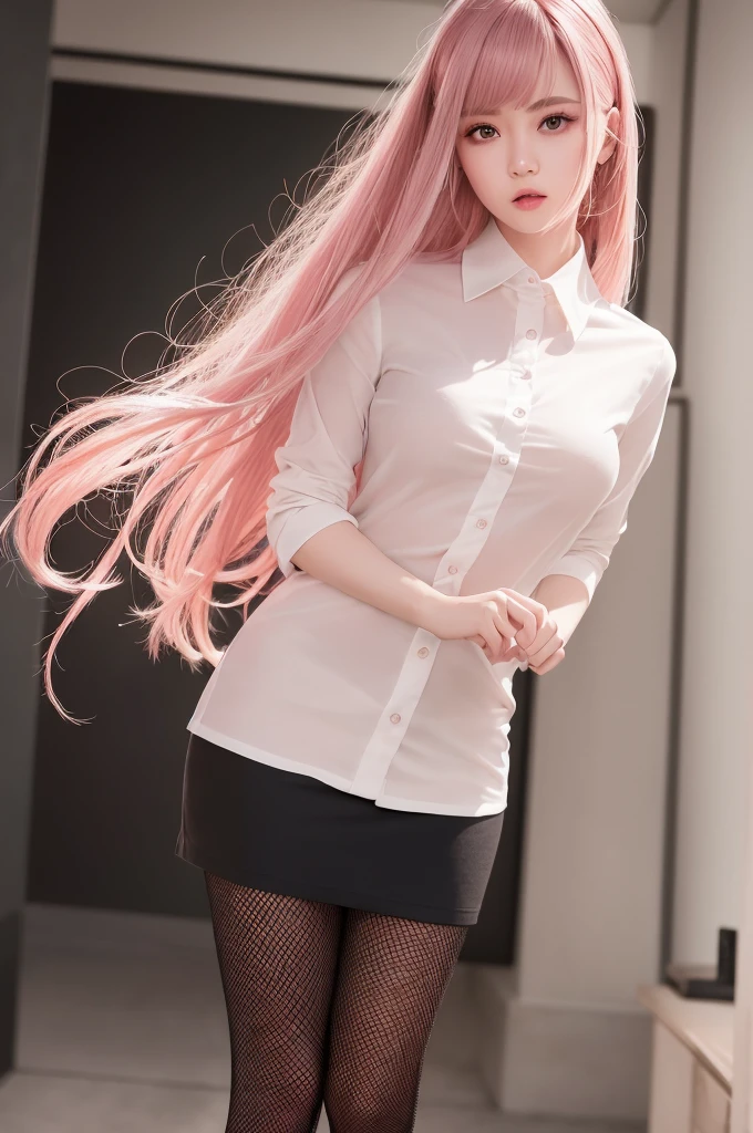 (RAW photo, best quality), (realistic, photo-realistic:1.3), masterpiece, an extremely delicate and beautiful, extremely detailed, CG, unity , 2k wallpaper, Amazing, finely detail, light smile, extremely detailed CG unity 8k wallpaper, huge filesize, ultra-detailed, highres, absurdres, soft light, (((medium hair:1.3), short bang, pink hair, floating hair novafrogstyle)), beautiful detailed girl, detailed fingers, extremely detailed eyes and face, beautiful detailed nose, beautiful detailed eyes, long eyelashes, light on face, looking at viewer, (closed mouth:1.2), 1girl, cute, young, mature face, (full body:1.3), ((small breasts)), realistic face, realistic body, beautiful detailed thigh, (ulzzang-6500-v1.1:0.8), business suit, cross-laced clothes, collared shirt, open clothes, in office, detailed office, open cardigan, black thighhighs, miniskirt, black underwear, unbuttoned shirt,