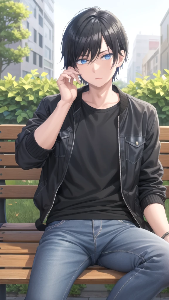 masterpiece, best quality, high quality, 1boy, solo, 14-year-old boy,evil boy,male focus, looking at viewer , black hair, old-school swoop haircut,black jacket ,blue jean shorts,blue eyes, sitting on a bench