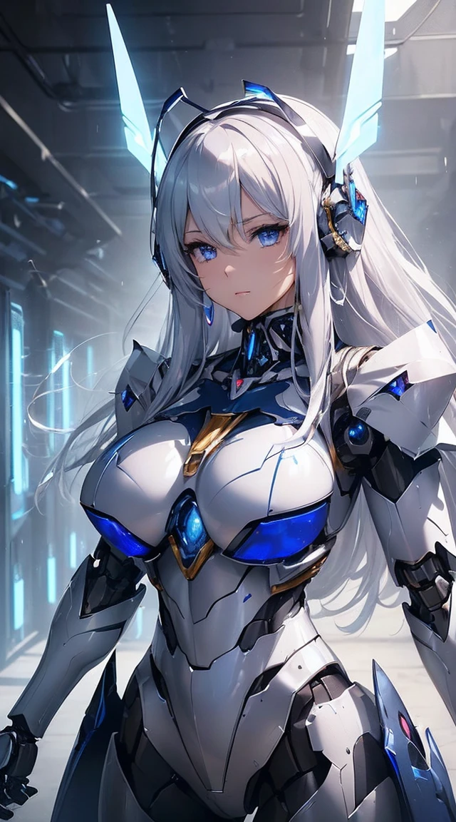((Intense action pose:1.6))、((Shining lenses on both breasts:1.3))、((Blue pillars of light are emanating from both chests.:1.3))、smile、((8K)), ((32k)), ((Highest quality)), ((masterpiece)), ((超A high resolution)), ((Tmasterpiece)), ((Halation:1.4))、((Mechaニカルheadgear:1.2))、((Cyber headphones:1.3))、Fine skin, High quality fabric, Fine metal texture、((Beautiful and dense face))、RAW Photos、Professional, Ultra-fine painting, ((alone)), Beautiful breasts、Highest quality, Very detailed, Very detailed詳細, Finer details, so beautiful, ((Princess Knight Robot:1.2)), (Joints of machines, Mechanical Limbs:1.3), (The internal structure of the machine is exposed:1.3), (Long silver hair:1.1), (Beautiful and huge mechanical breasts)、White Veil, cowboy_shot, Side Focus, headgear, Shiny、(Five Fingers, Four fingers and thumb),Concept Art, Anime fantasy artwork, Detailed fantasy art, (with pale blue-violet hair and large white wings,,,,,,,), (((Long silver hair))), (Mecha:1.6)、Sleek and intimidating design, ((Commander-in-Chief'arm)), (Perfect robot body)、純白と青紫armまたは, Symmetrical wings, 8K high quality, detailed art, 3D rendering of character art in 8K, neat legs, Defined, Defined fingers,