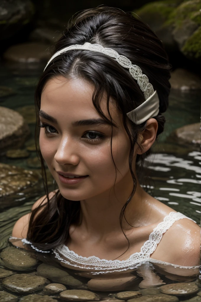 Best Quality, Masterpiece, super high resolution, A super model submerged in hot springs in Japan., outdoor hot springs, stone hot springs, surrounded by moss and trees, super beautiful face, pure body, clear pores visible, (SMILE:0.8), using division (lace headband:1.2), (realism:1.5), Photo original, soaked body, covered in sweat, bare shoulders, in the dark, deep shadows, low key, cold light