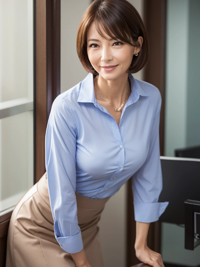 最high quality, 8K, Vibrant, Sharp focus, high quality, High resolution, Middle-aged women, 49 years old,(Wrinkles around the eyes),(wrinkles around the mouth), (whole body),(Very slim and delicate body), High heels, Highly detailed eyes, Thick lips,Plump face,Shirt with buttons and collar,Long skirt,Short Hair,A kind smile,Flat chest,Leaning forward,office