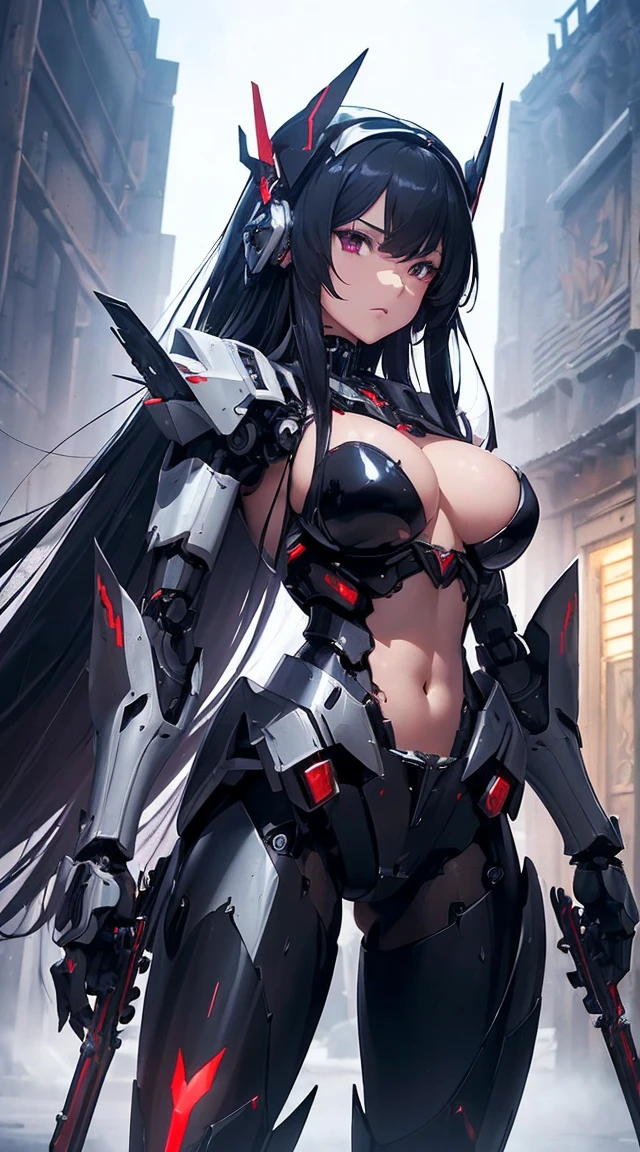 ((Shining lenses on both breasts:1.3))、((Pillars of red light radiate from both chests..:1.3))、((Attack pose:1.6))、((He has a red sword and a long rifle:1.6))、((Battle Scenes:1.8))、((8K)), ((32k)), ((Highest quality)), ((masterpiece)), ((超A high resolution)), ((Tmasterpiece)), ((Halation:1.4))、((Mechaニカルheadgear:1.2))、((Cyber headphones:1.3))Fine skin, High quality fabric, High-quality metal texture、((Beautiful and dense face))、RAW Photos、Professional, Ultra-fine painting, ((alone)), Beautiful breasts、Highest quality, Very detailed, Very detailed詳細, Finer details, so beautiful, ((Black Knight Robot:1.2)),  (Joint of the machine, Mechanical Limbs:1.3), (The internal structure of the machine is exposed:1.3), (Long black hair:1.1), (Beautiful and huge mechanical breasts)、White Veil, cowboy_shot, Side Focus, headgear, Shiny、(Five Fingers, Four fingers and thumb),Concept Art, Anime fantasy artwork, Detailed fantasy art, (Has light blue-purple hair and black wings,,,,,,), (((Long black hair))), (Mecha:1.6)、Sleek and intimidating design,  (Jet black perfect robot body)、Jet black and reddish purple arms, Symmetrical wings, 8K High Resolution, Detailed Art, 3D rendering of character art in 8K, neat legs, Defined, Defined fingers,((headshot:1.6))