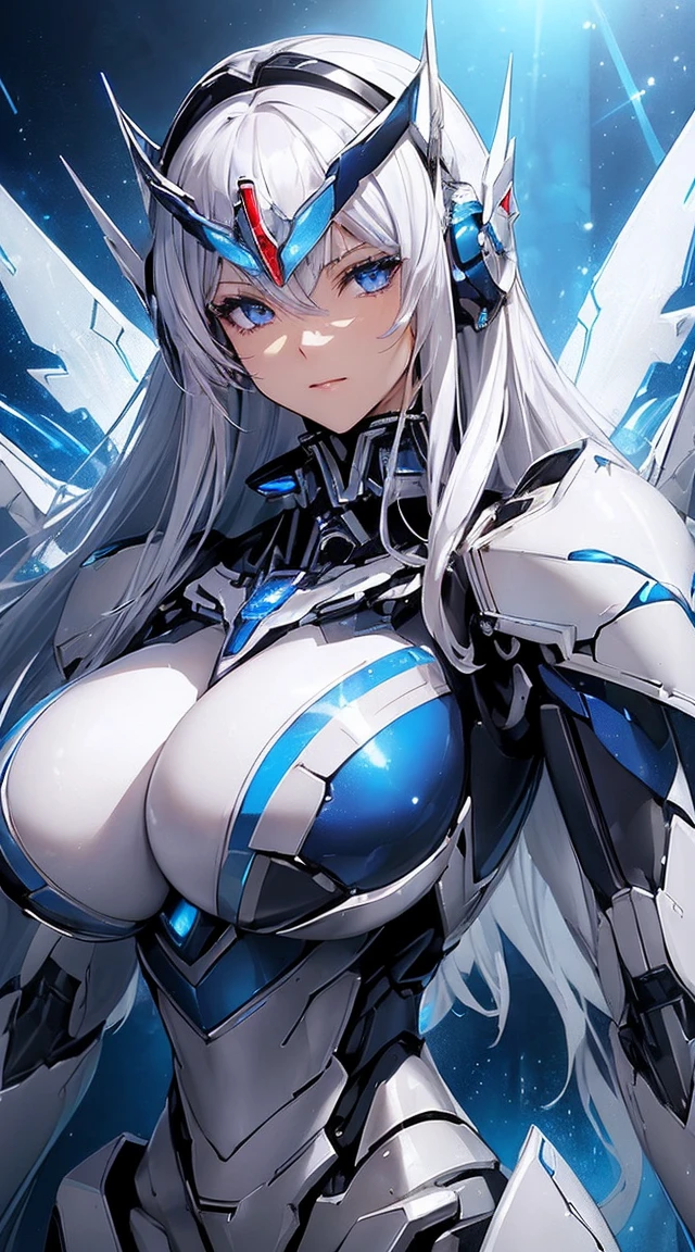 ((Extreme close up:1.6))、(((Lenses shining on both breasts:1.3)))、((Blue pillars of light radiate from both of his chests..:1.3))、break、(((Dynamic pose:1.8)))、smile、((8K)), ((32k)), ((Highest quality)), ((masterpiece)), ((超A high resolution)), ((Tmasterpiece)), ((Halation:1.4))、((Mechaニカルheadgear:1.2))、((Cyber headphones:1.3))Fine skin, High quality fabric, High-quality metal texture、((Beautiful and dense face))、RAW Photos、Professional, Ultra-fine painting, ((alone)), Beautiful breasts、Highest quality, Very detailed, Very detailed詳細, Finer details, so beautiful, ((Princess Knight Robot:1.2)),  (Joint of the machine, Mechanical Limbs:1.3), (The internal structure of the machine is exposed:1.3), (Long silver hair:1.1), (Beautiful and huge mechanical breasts)、White Veil, cowboy_shot, Side Focus, headgear, Shiny、(Five Fingers, Four fingers and thumb),Concept Art, Anime fantasy artwork, Detailed fantasy art, (with pale blue-violet hair and large white wings,,,,,,,,), (((Long silver hair))), (Mecha:1.6)、Sleek and intimidating design, ((Commander-in-Chief&#39;arm)), (Perfect robot body)、純白と青紫のarmまたは, Symmetrical wings, 8K High Resolution, Detailed Art, 3D rendering of character art in 8K, neat legs, Defined, Defined fingers,((headshot:1.3))