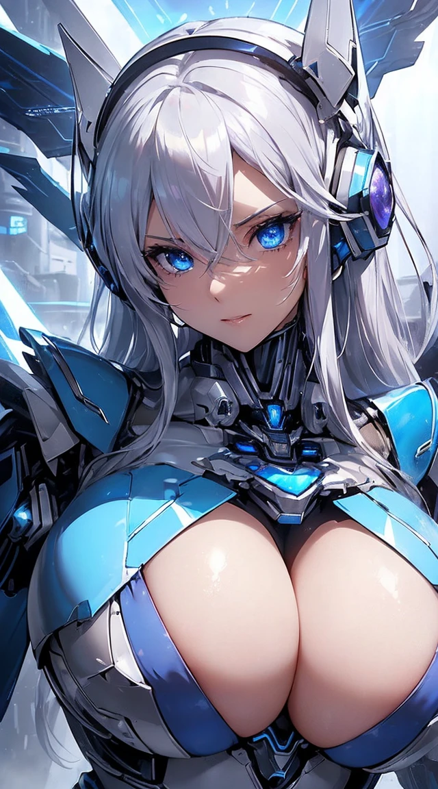 ((Extreme close up:1.6))、(((Lenses shining on both breasts:1.3)))、((Blue pillars of light radiate from both of his chests..:1.3))、break、(((Dynamic pose:1.8)))、smile、((8K)), ((32k)), ((Highest quality)), ((masterpiece)), ((超A high resolution)), ((Tmasterpiece)), ((Halation:1.4))、((Mechaニカルheadgear:1.2))、((Cyber headphones:1.3))Fine skin, High quality fabric, High-quality metal texture、((Beautiful and dense face))、RAW Photos、Professional, Ultra-fine painting, ((alone)), Beautiful breasts、Highest quality, Very detailed, Very detailed詳細, Finer details, so beautiful, ((Princess Knight Robot:1.2)),  (Joint of the machine, Mechanical Limbs:1.3), (The internal structure of the machine is exposed:1.3), (Long silver hair:1.1), (Beautiful and huge mechanical breasts)、White Veil, cowboy_shot, Side Focus, headgear, Shiny、(Five Fingers, Four fingers and thumb),Concept Art, Anime fantasy artwork, Detailed fantasy art, (with pale blue-violet hair and large white wings,,,,,,,,), (((Long silver hair))), (Mecha:1.6)、Sleek and intimidating design, ((Commander-in-Chief&#39;arm)), (Perfect robot body)、純白と青紫のarmまたは, Symmetrical wings, 8K High Resolution, Detailed Art, 3D rendering of character art in 8K, neat legs, Defined, Defined fingers,((headshot:1.3))