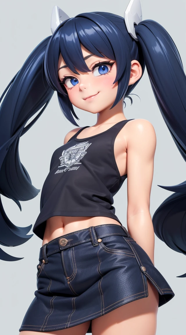 (masterpiece:1.3), (Best Quality:1.3), (Ultra-detailed:1.2), ((kawaii)), Cute, (lovely), ((sexy)), ((Extremely detailed)), 4K, (8K), Best Quality, (Beautiful), Illustration, anime style, (bold line:1.2), Gradation, looking at viewer, //, (bent down:1.1), (arms behind back), //, a cute girl, 1girl, (solo:1.2), gleaming skin, //, (flat chested), (Perfect eyes:1.2), (Perfect iris:1.2), //, darkblue hair color, (beautiful eyes) //, (half closed eyes:1.3), (sexual expression:1.2), Fascinated expression, smile, (blush:1.2), //, modern city bacground, on rock, tank top with skirt, twin tails, muscle girl, hard abs