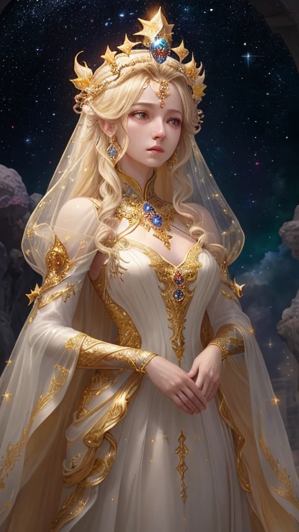 The cosmic goddess adorned with a natural crown of gold and precious stones、 Elegant and beautiful、A look of mercy、Looking forward、Full Body Shot、Blonde Hair、A dazzling light shines on my back、An elegant, sheer, yellowish gown、 sheer white dress. 8KHigh resolutionの使用 , Complex Dynamic Lighting, Elegant, highly detailed and ultra-realistic, Cinematic and Octane Rendering、The Universe is Infinite、Countless stars and nebulae、The universe is full of light、(masterpiece、Highest quality、High resolution、Best lighting、8K)