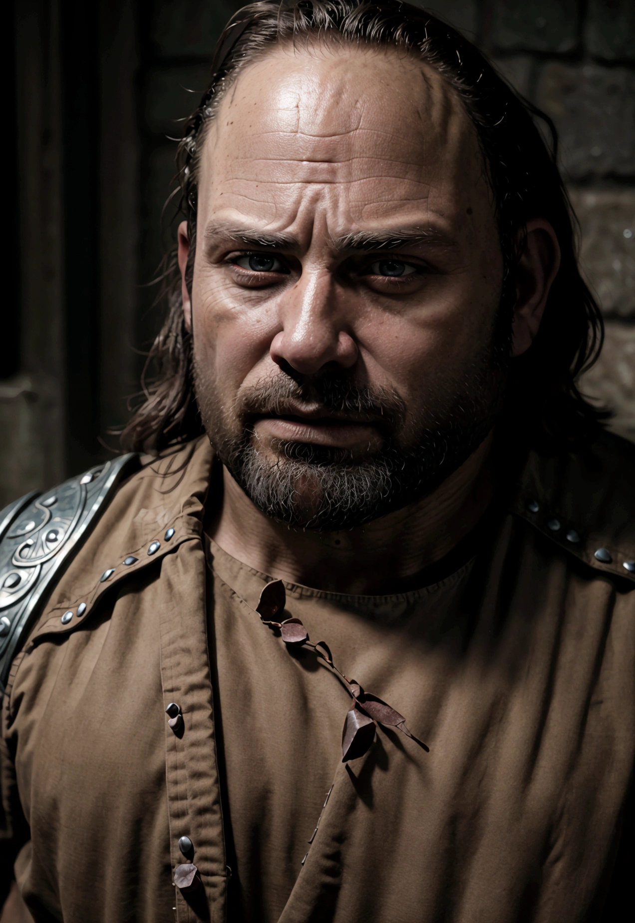photorealistic, 1man, Rick Grimes, detailed face, beautiful detailed eyes, beautiful detailed lips, extremely detailed face, detailed muscular body, 5dwarfs, angry dwarfs, dwarfs in medieval fantasy outfits, dwarfs bullying Rick, dramatic lighting, cinematic composition, moody atmosphere, dark fantasy style, gritty and realistic, Unreal Engine, 8K, HDR, highly detailed