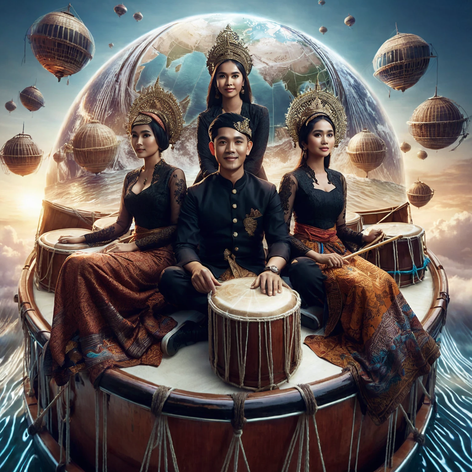 arafed image of a group of people sitting on a boat with a globe in the background, movie promotional image, inspired by Rudy Siswanto, portrait shot, official artwork, photo render, an indonesian family portrait, indonesia, ethnic fantasy, album art, tithi luadthong, promotional image, fanart, inspired by Erik Pevernagie